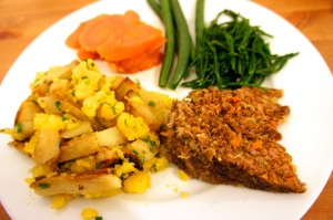 Plate of meatloaf and vegetables