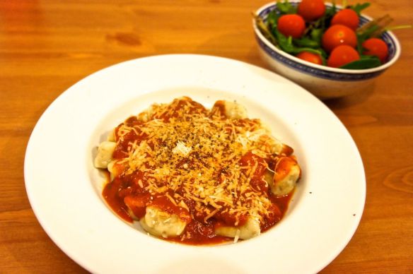 Boxty dumplings with tomato sauce