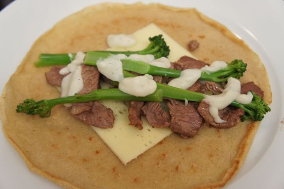 Crepe with steak and broccoli